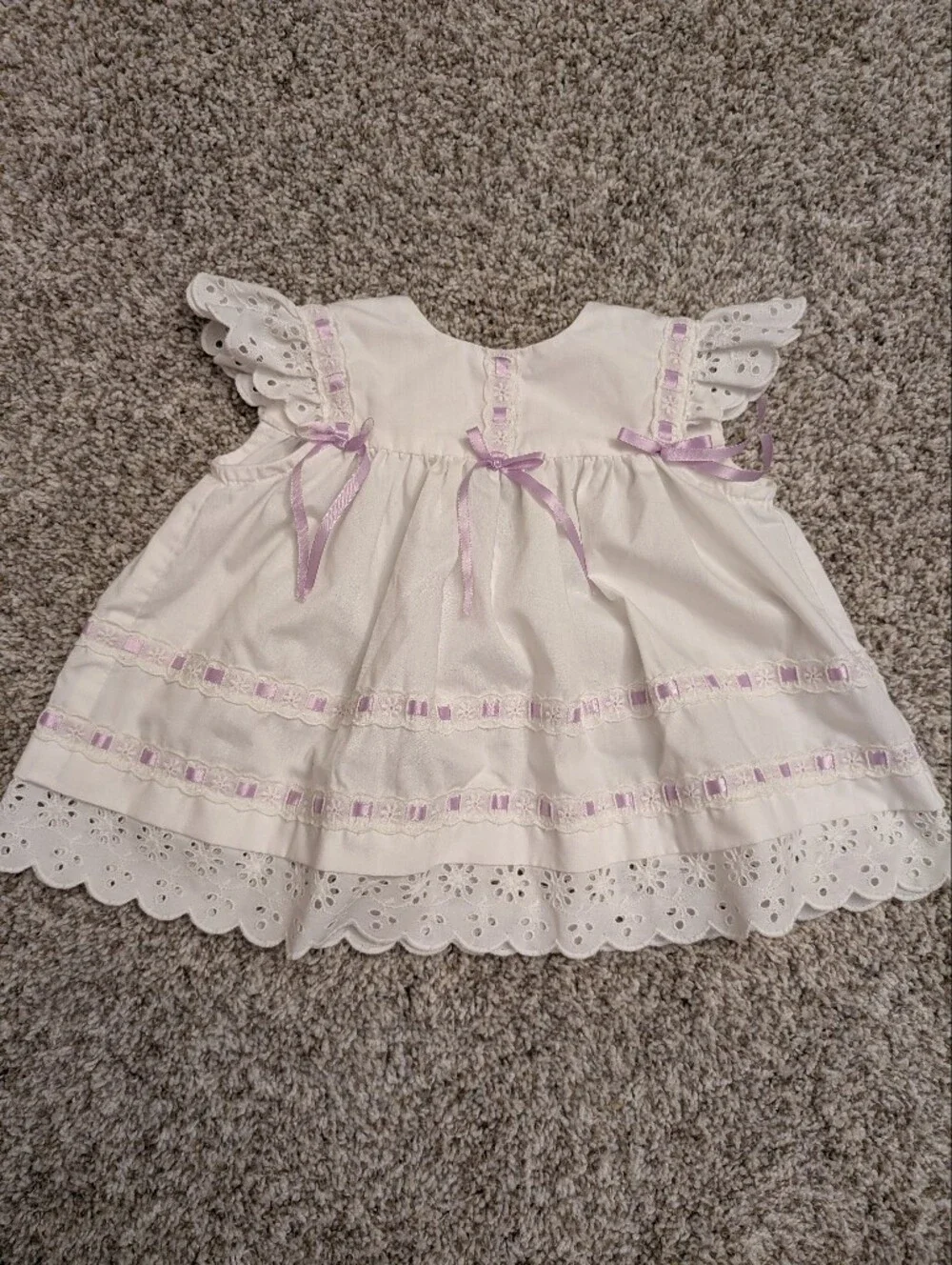 White Eyelet Baby Dress with Lavender Ribbon Handmade 6-9mo Formal Event Summer